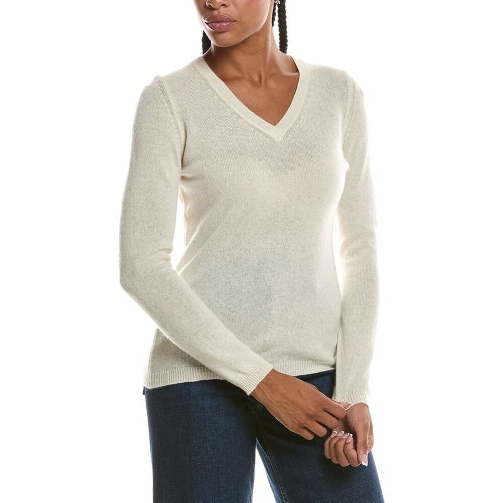 Forte Cashmere Womens  Basic V-Neck 100% Cashmere Pullover, White